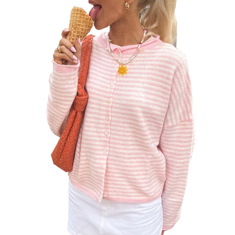 Yuemengxuan Women Knitted Cardigan Sweaters Long Sleeve Button Down Loose Knitwear Tops Y2k Vintage Jumper Knit Shirt (Pink Stripes, S) - Image 1