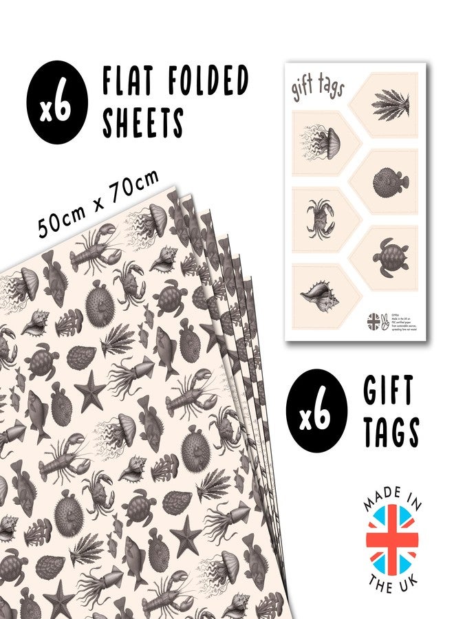 CENTRAL 23 Vintage Sea Life Wrapping Paper - 6 Sheets Gift Wrap for Men or Women - Birthday Nautical Theme - Classic Ocean Animals Illustration in Monochrome - Recyclable - Comes with Tags - Image 2