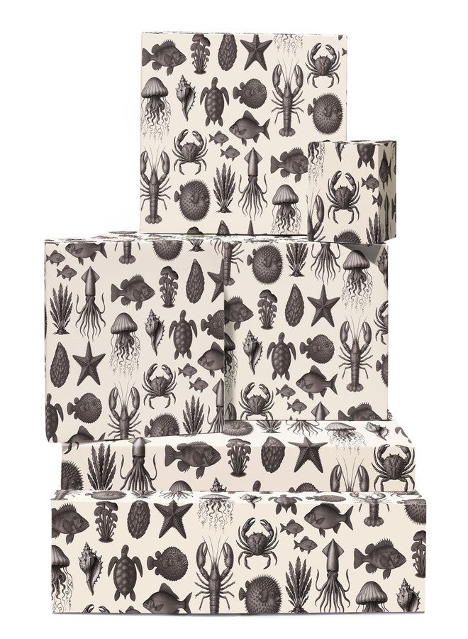 CENTRAL 23 Vintage Sea Life Wrapping Paper - 6 Sheets Gift Wrap for Men or Women - Birthday Nautical Theme - Classic Ocean Animals Illustration in Monochrome - Recyclable - Comes with Tags - Image 1