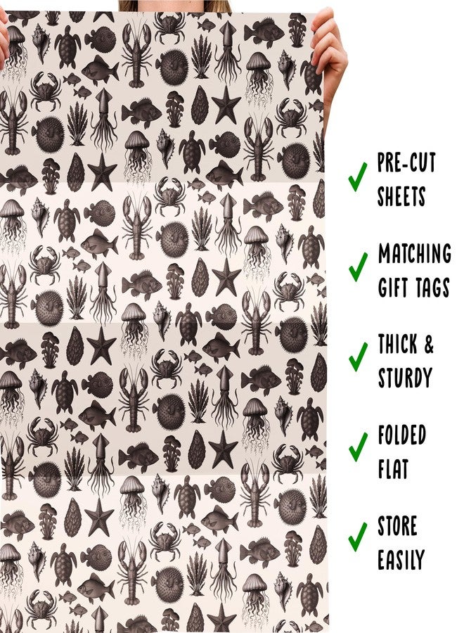 CENTRAL 23 Vintage Sea Life Wrapping Paper - 6 Sheets Gift Wrap for Men or Women - Birthday Nautical Theme - Classic Ocean Animals Illustration in Monochrome - Recyclable - Comes with Tags - Image 5