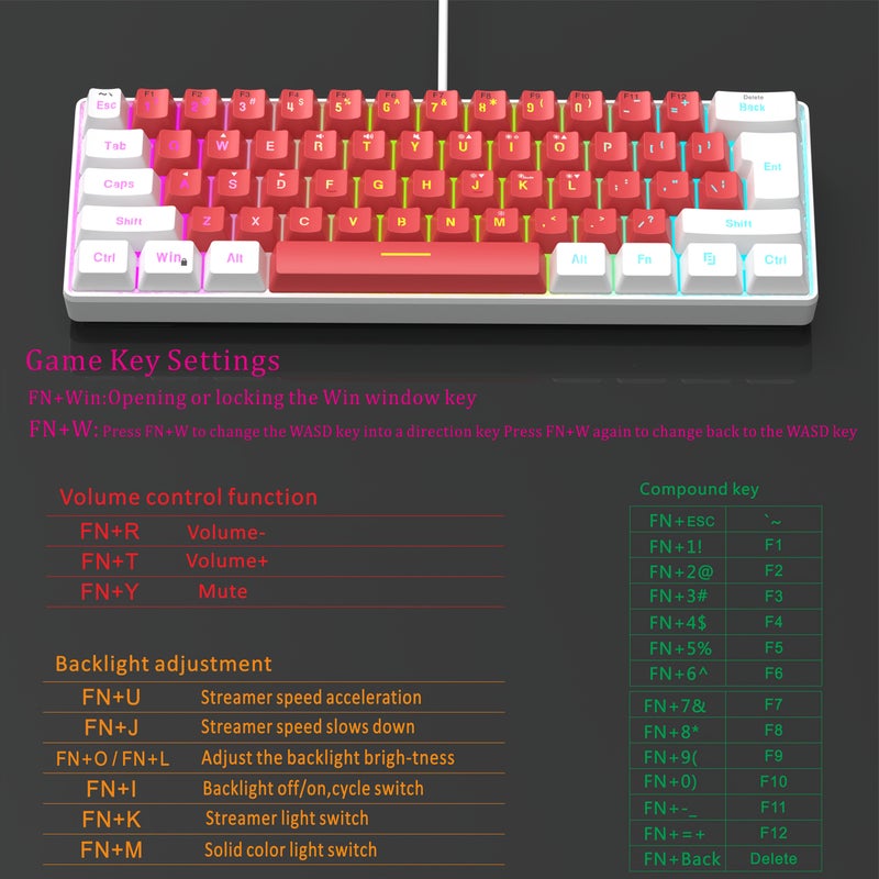 White Red Gaming Keyboard Ergonomic 60 Percent Compact RGB Backlit Portable Colorful Cute Illuminated Small Keyboard for Laptop PC PS4 Xbox - Image 4