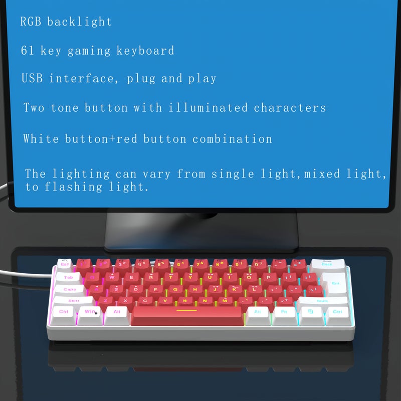 White Red Gaming Keyboard Ergonomic 60 Percent Compact RGB Backlit Portable Colorful Cute Illuminated Small Keyboard for Laptop PC PS4 Xbox - Image 5