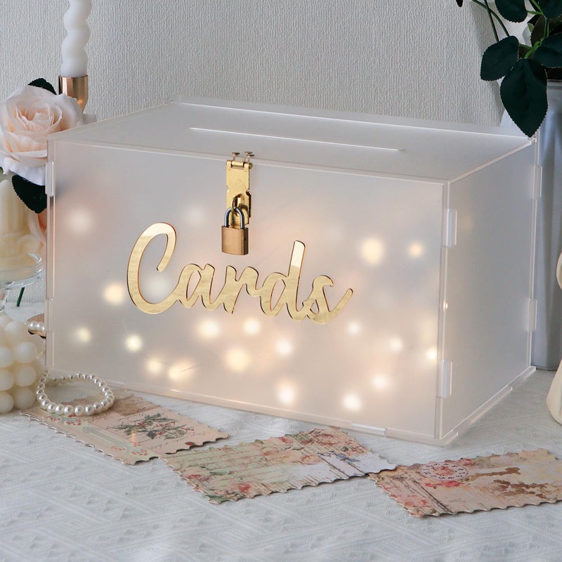 OurWarm Frosted Acrylic Wedding Card Box with String Light Large Gift Card Box Holder for Wedding Reception Honeymoon Fund Envelope Money Boxes for Party Graduation Baby Shower Birthday Decorations - Image 2