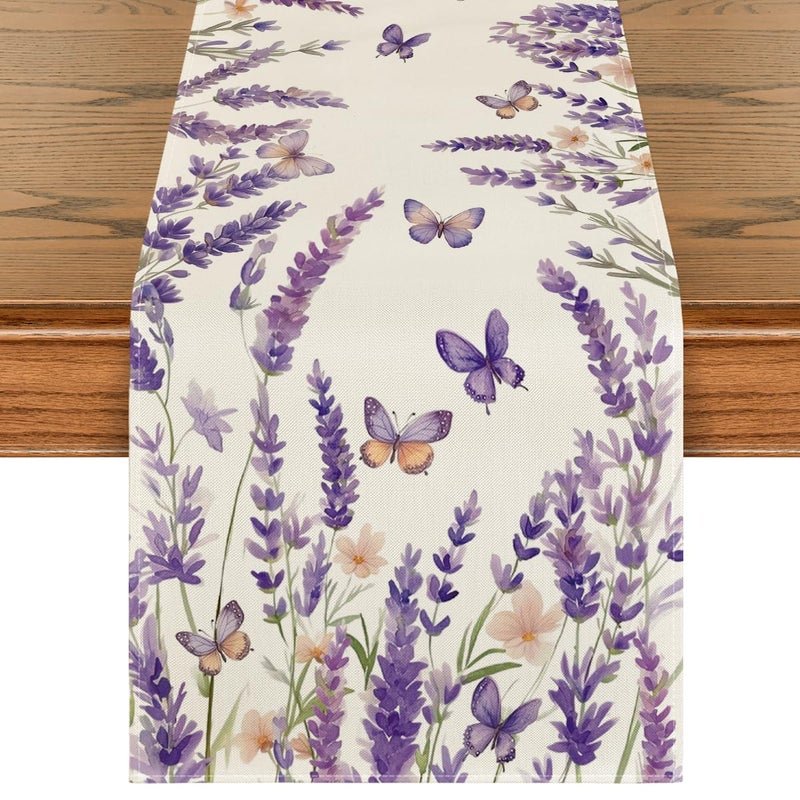 Artoid Mode Purple Lavender Floral Butterflies Spring Table Runner, Seasonal Summer Kitchen Dining Table Decoration for Home Party Decor 13x72 Inch - Image 1