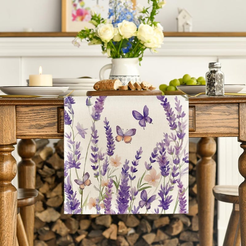 Artoid Mode Purple Lavender Floral Butterflies Spring Table Runner, Seasonal Summer Kitchen Dining Table Decoration for Home Party Decor 13x72 Inch - Image 2