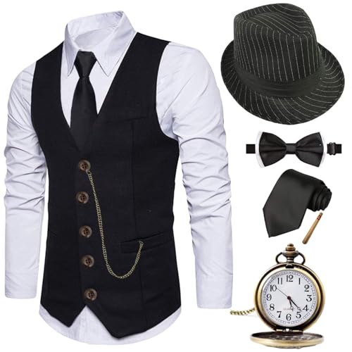 EFORLED Halloween 1920s Mens Costume 2025,Great Gatsby Gangster Vest,Vintage Pocket Watch,Pre Tied Bow Tie,Tie,TC-L - Image 1