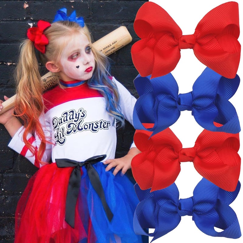 4Pcs Red Blue Ribbon Hair Bows Clips for Girls Independence Day Bow Ties Hairpins Clown Hair Bows Alligator Clips Hair Barrettes Accessories for Kids 4th of July Birthday Party Headpiece