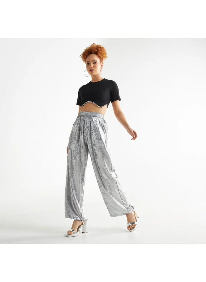 FAV Textured Wide Leg Pants with Semi-Elasticated Waistband and Pockets