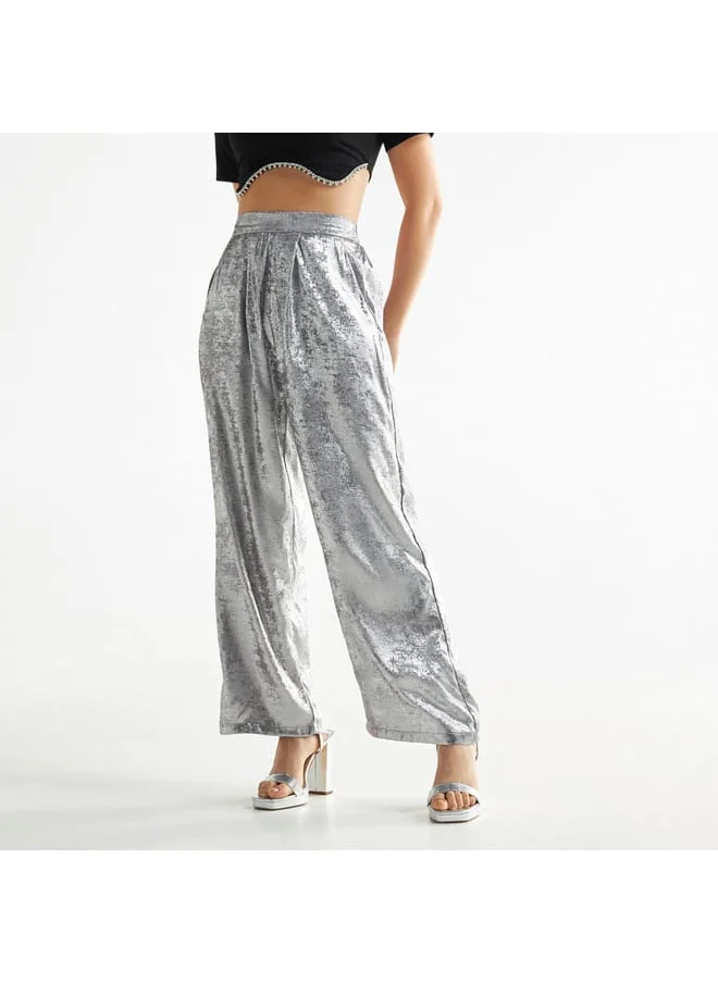 FAV Textured Wide Leg Pants with Semi-Elasticated Waistband and Pockets