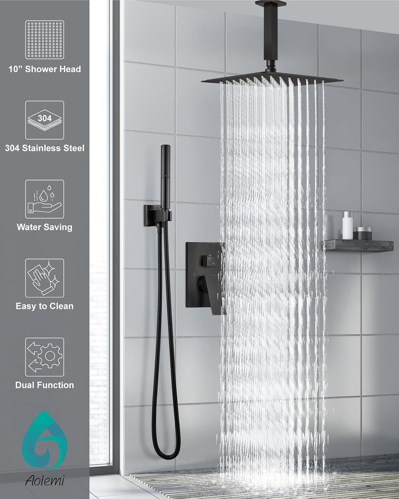 Aolemi Ceiling Mount Shower System with Rainfall Shower Head and Handheld,High Pressure Shower Faucet Set Fixture Combo with 2 in 1 Handheld Spray Rough-in Valve,10 Inch Shower Head Oil Rubbed Bronze - Image 2