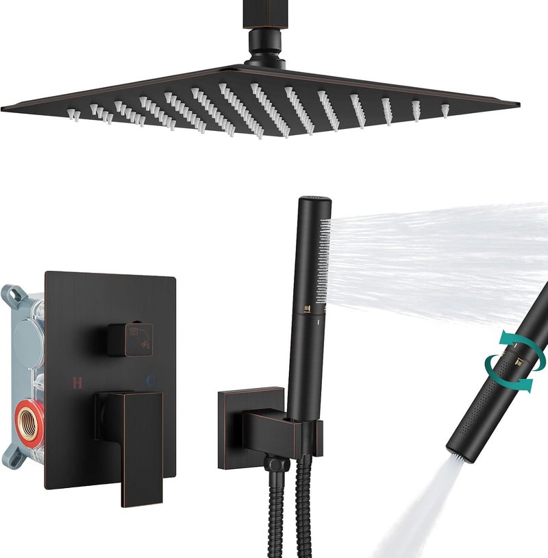 Aolemi Ceiling Mount Shower System with Rainfall Shower Head and Handheld,High Pressure Shower Faucet Set Fixture Combo with 2 in 1 Handheld Spray Rough-in Valve,10 Inch Shower Head Oil Rubbed Bronze - Image 1