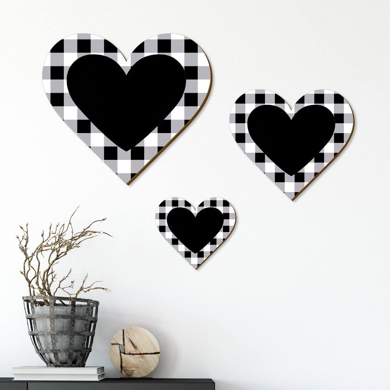 Jetec 3 Pcs Valentines Day Heart Shaped Wood Sign Buffalo Plaid Decor for Kitchen Bedroom Bathroom Living Room Wooden Wall Sign Rustic Hanging Plaque Valentines Decor 3 Size Black Heart Plaid
