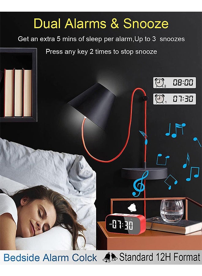 Photon ساعة منبه رقمية مع شاشة LED قابلة للتعتيم، ساعة منبه مزودة بمكبر صوت بلوتوث مع شاشة LED مرآة، ساعة منبه رقمية لاسلكية للشحن لغرف النوم (أحمر) - Image 4