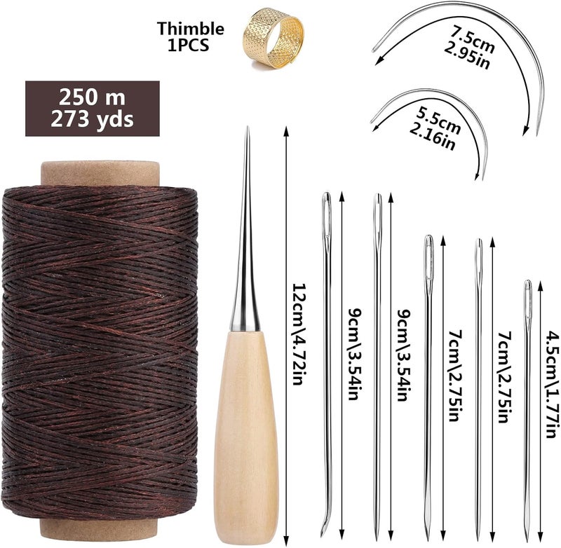 SUVSOON 273 Yards Upholstery Repair Waxed Thread Kit, Leather Waxed Thread Sewing Kit Including Sewing Thread Needle Awl Thimble, Leather Sewing Kit for Leather Carpet Sofa Seat Shoe Sewing and Repair (Brown) - Image 2