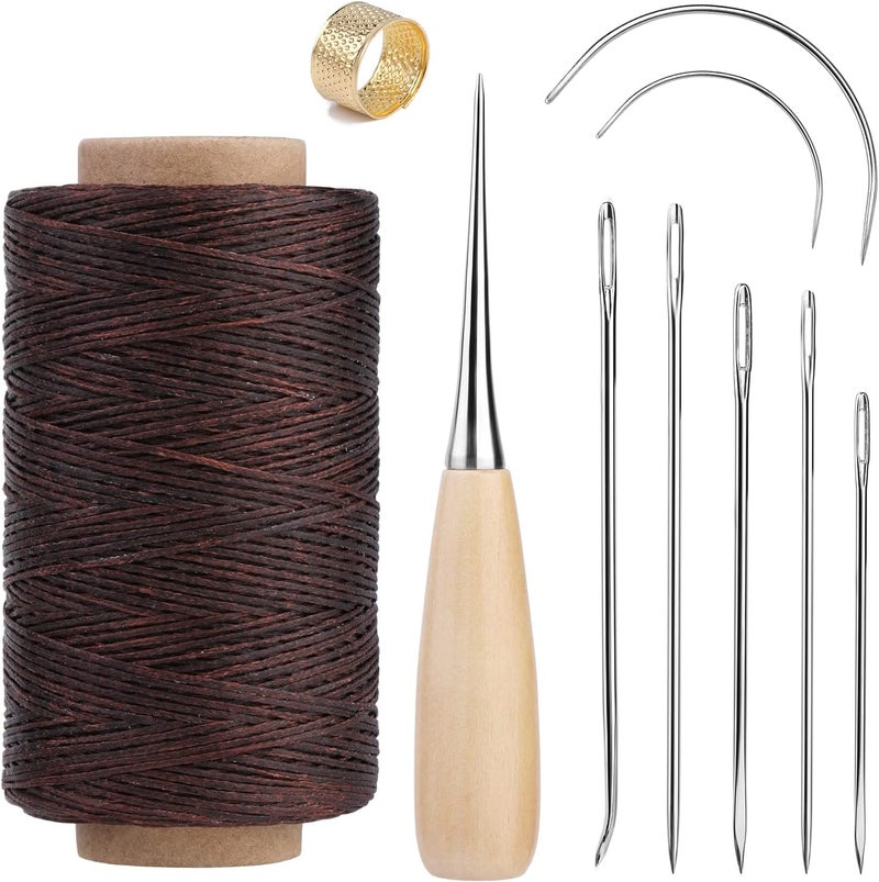 SUVSOON 273 Yards Upholstery Repair Waxed Thread Kit, Leather Waxed Thread Sewing Kit Including Sewing Thread Needle Awl Thimble, Leather Sewing Kit for Leather Carpet Sofa Seat Shoe Sewing and Repair (Brown) - Image 1