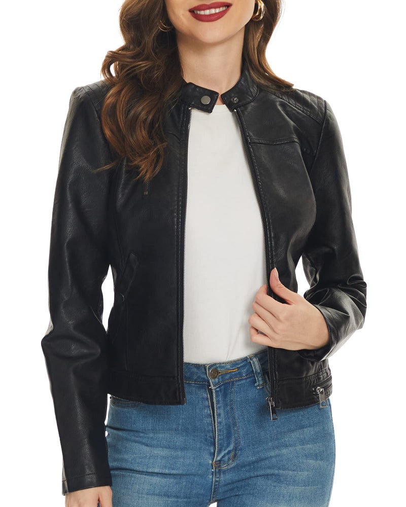 Fahsyee Black Faux Leather Jackets for Women Zip Up Motorcycle Short PU Moto Biker Outwear Fitted Slim Coat Size S