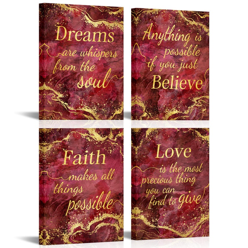 LevvArts Inspirational Wall Art Love Faith Believe Dream Wall Decor Motivaional Encouraging Canvas Prints Red and Gold Pictures Decoration (Red) - Image 1