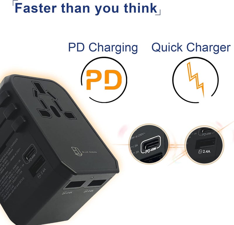 BLUE OCEAN 45w PD/QC 3.0 Type C Quick Charge Travel Adapter + Smart 3 Usb Ports Universal Travel Adapter, All In One Adapter For Phones, Tablets, Power Socket Plugs Uk Eu Us Au Auto Switch With Pouch - Image 2