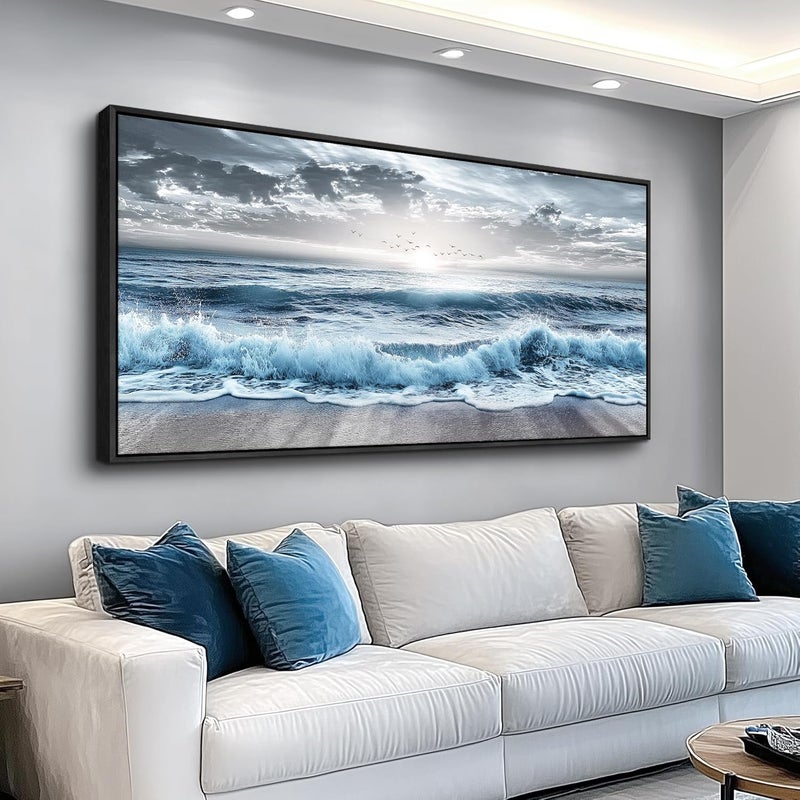 EMODA Sea Wave Canvas Wall Art 60x120 cm Framed – Coastal Painting for Bedroom or Office | Large Framed Canvas Print for Living Room Bedroom Home Office Wall Decoration – Premium Quality Artwork for Modern Interior Styling - Image 1