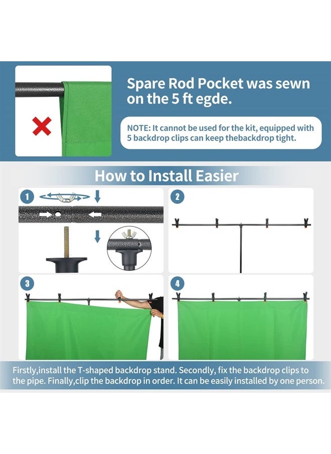 HEMMOTOP - Hemmotop Green Screen Backdrop with Stand Kit for Photography 5x6.5ft, Chromakey Virtual GreenScreen Background Sheet for Zoom YouTube Video Studio Calls, with 5 Clamps - Image 1