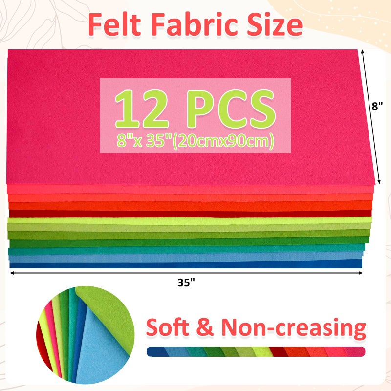 XSEINO 12 Rolls 8"x35"(20.5x90cm) 1.4mm Thick Soft Felt Fabric Sheet 12 Assorted Neon Series Colors Felt Pack for DIY Craft Sewing Squares Nonwoven Patchwork - Image 3