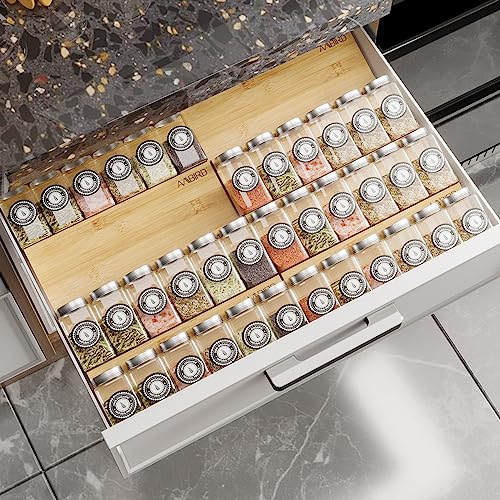 AMBIRD Bamboo Spice Drawer Organizer with Non-slip Mat,4 Tier - 2 Set Jar Spice Rack Tray From 12''to 24'',Hold up 48 Jars Seasoning Organizer for Kitchen,Cabinet,Drawers,Countertop - Image 1