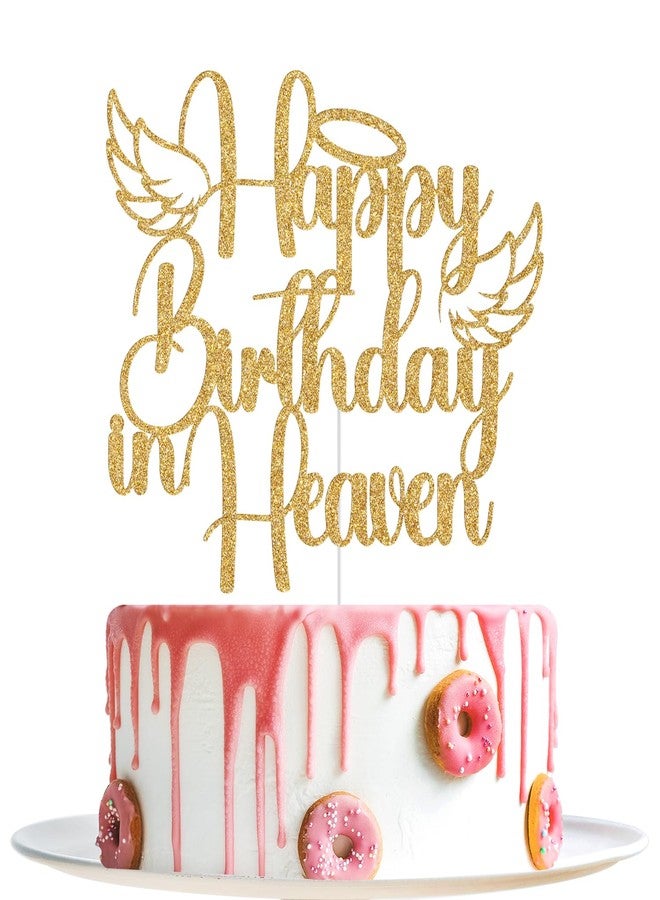 Yotawebery Happy Birthday in Heaven Cake Topper, Heavenly Angel Wings Celebrations Party Decorations, Happy Heavenly Birthday Anniversary, Funeral Memorial Party Supplies (Gold Glitter) - Image 1