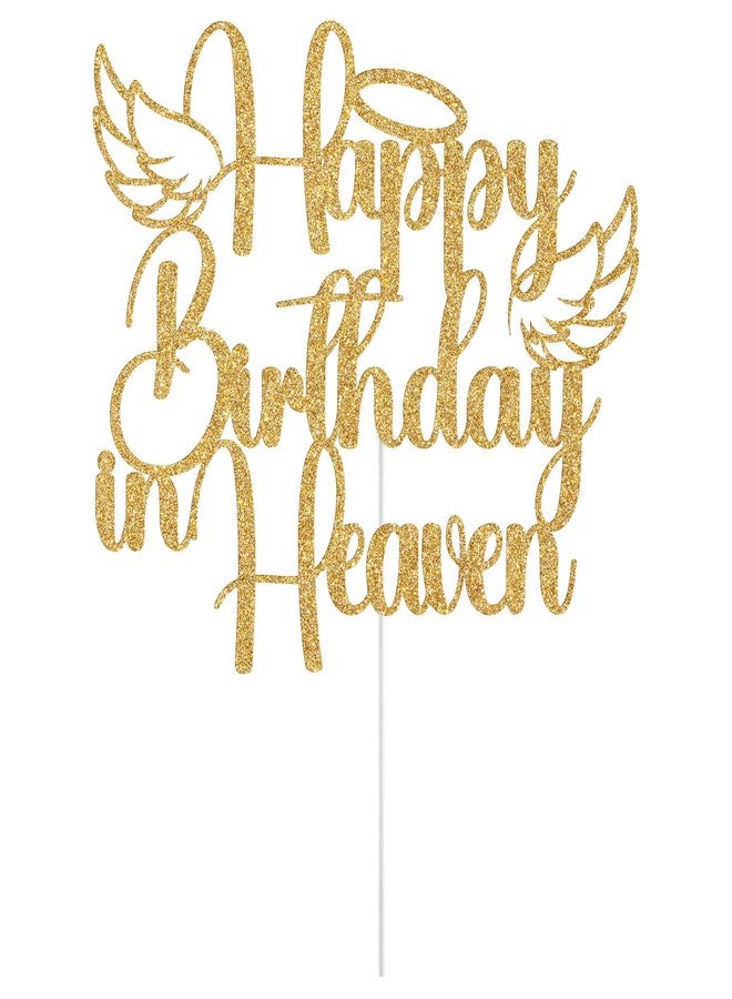 Yotawebery Happy Birthday in Heaven Cake Topper, Heavenly Angel Wings Celebrations Party Decorations, Happy Heavenly Birthday Anniversary, Funeral Memorial Party Supplies (Gold Glitter) - Image 2