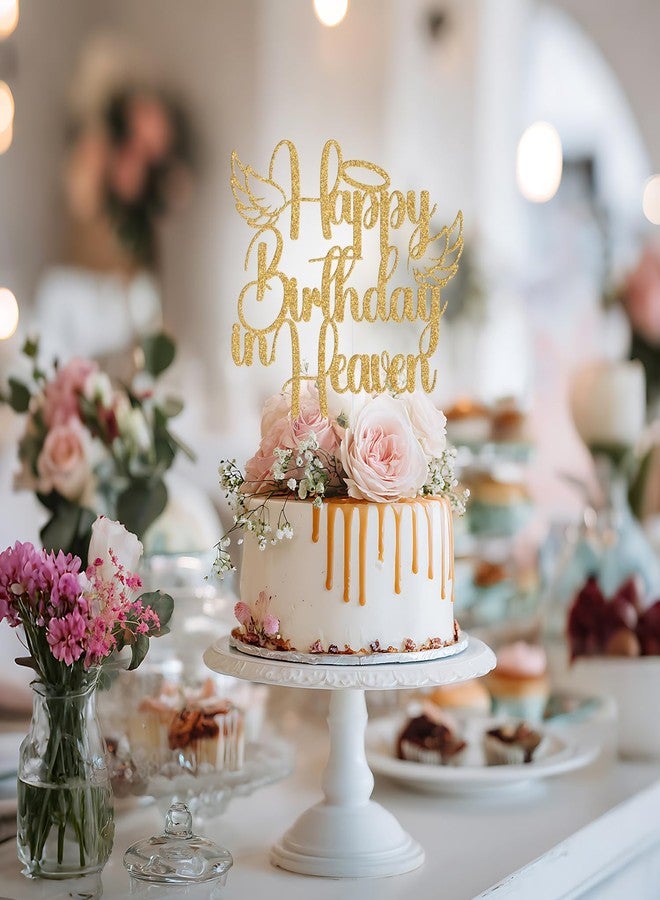 Yotawebery Happy Birthday in Heaven Cake Topper, Heavenly Angel Wings Celebrations Party Decorations, Happy Heavenly Birthday Anniversary, Funeral Memorial Party Supplies (Gold Glitter) - Image 3