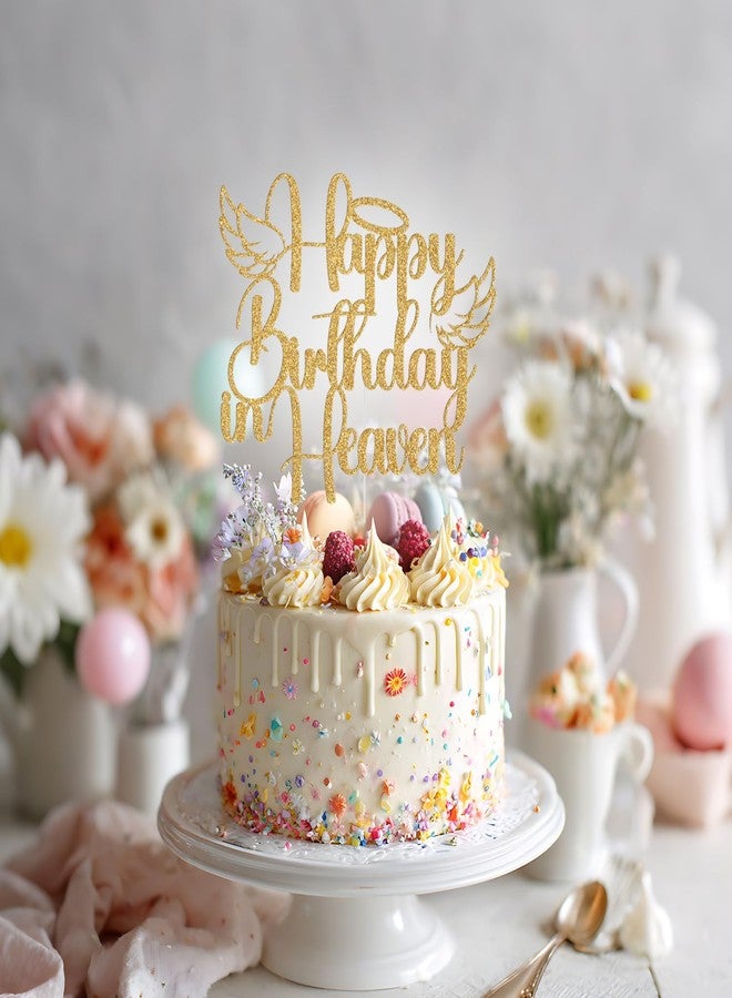 Yotawebery Happy Birthday in Heaven Cake Topper, Heavenly Angel Wings Celebrations Party Decorations, Happy Heavenly Birthday Anniversary, Funeral Memorial Party Supplies (Gold Glitter) - Image 4