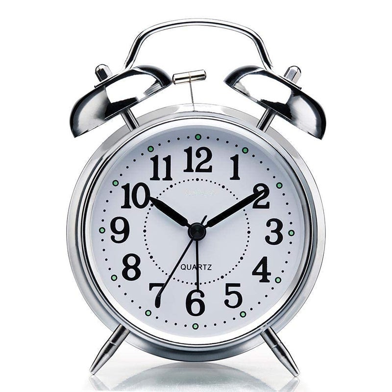LOCANS LOCANS Brass Vintage Twin Bell Table Top Alarm Clock with Night LED Light Display Alarm Clock for Bedroom Heavy Sleepers Kids and Students Silver White Small 