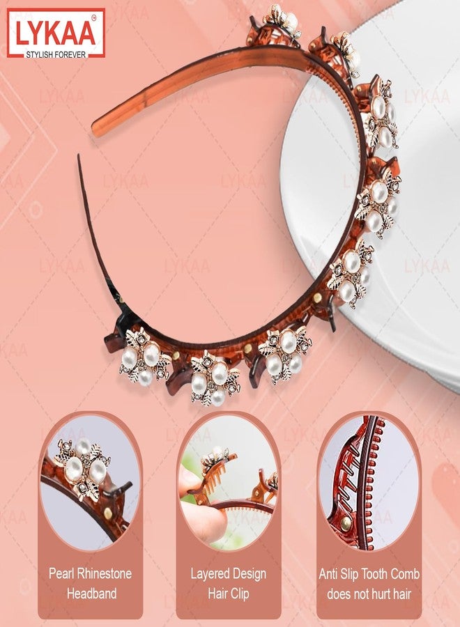 LYKAA Headband Braided Double Layer Twist Plait Plastic Headband Hairpin Double Bangs Hairstyle Elegant Flower Clips Chic Pearl and rhinestones for Women Girls in Function Alligator Clips (1 Pc) (Brown) - Image 3