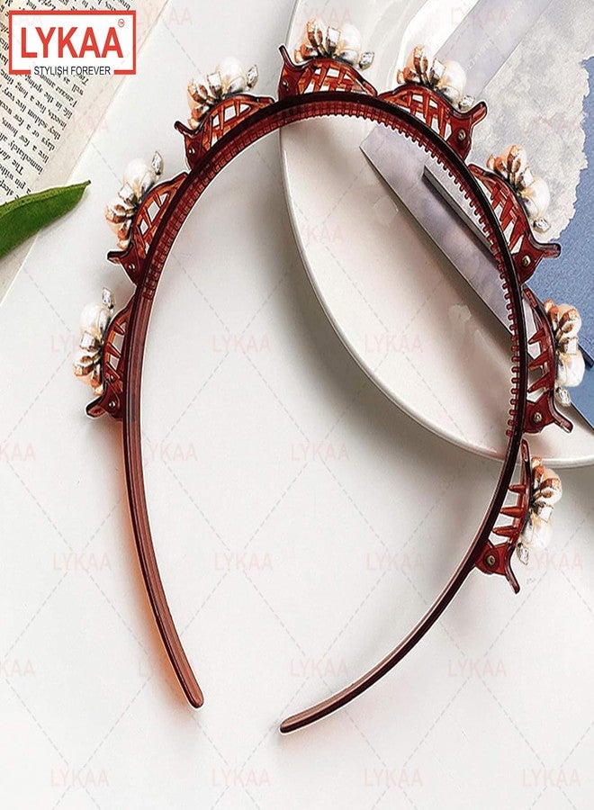 LYKAA Headband Braided Double Layer Twist Plait Plastic Headband Hairpin Double Bangs Hairstyle Elegant Flower Clips Chic Pearl and rhinestones for Women Girls in Function Alligator Clips (1 Pc) (Brown) - Image 5