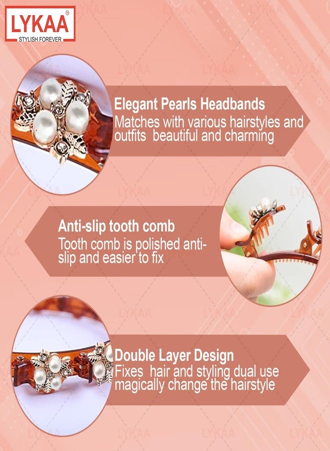 LYKAA Headband Braided Double Layer Twist Plait Plastic Headband Hairpin Double Bangs Hairstyle Elegant Flower Clips Chic Pearl and rhinestones for Women Girls in Function Alligator Clips (1 Pc) (Brown) - Image 4