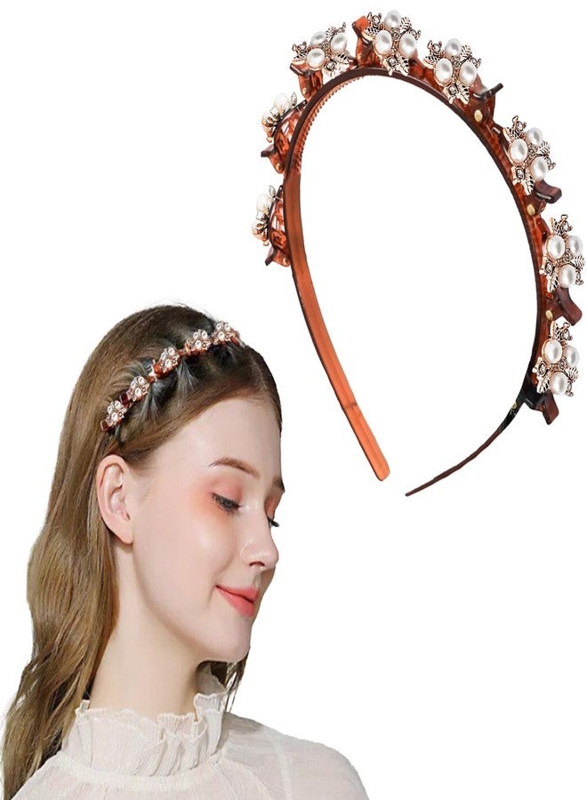 LYKAA Headband Braided Double Layer Twist Plait Plastic Headband Hairpin Double Bangs Hairstyle Elegant Flower Clips Chic Pearl and rhinestones for Women Girls in Function Alligator Clips (1 Pc) (Brown) - Image 1