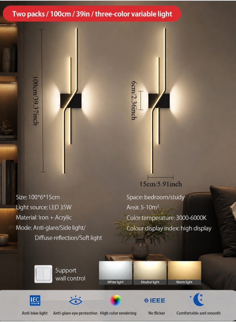 لوبيتيز مصابيح جدارية LED (طول 100 سم، طقم مكون من قطعتين)، قابلة لتعديل درجة حرارة اللون ثلاثية 3000 كلفن – 6000 كلفن، مصابيح جدارية خطية عصرية باللون الأسود، أجهزة منزلية بديكور نمط نورديك، مناسبة لغرف المعيشة، جدار التلفزيون، غرف النوم، الممرات، ومصابيح الجانب من السرير - Image 4