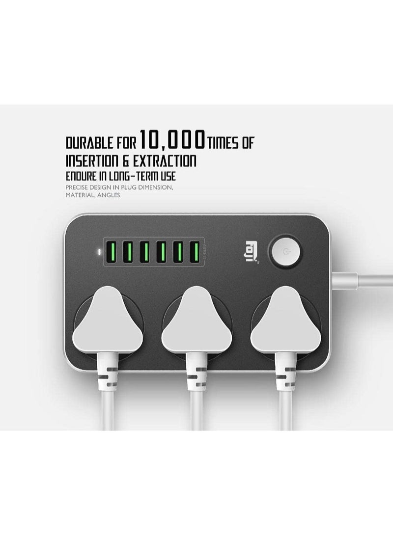 فوجي سلك تمديد عالمي بطول مترين | 3 منافذ كهربائية بريطانية + 6 منافذ شحن USB | شريط طاقة مزود بحماية من زيادة التيار، وخاصية التعرف التلقائي، ومفتاح تشغيل/إيقاف، وغلاف مقاوم للاشتعال – مقبس شحن ذكي - Image 3