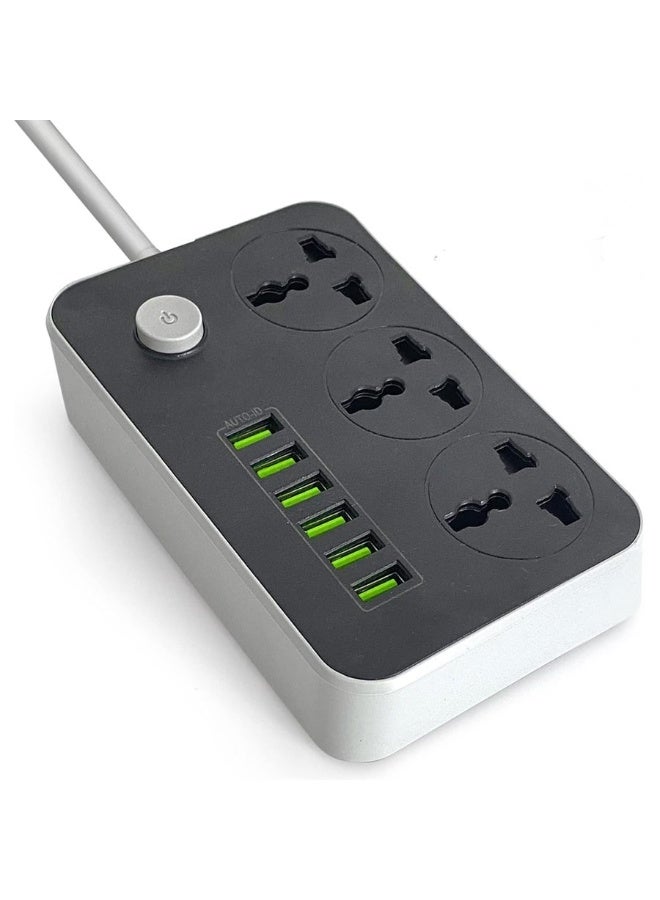 فوجي سلك تمديد عالمي بطول مترين | 3 منافذ كهربائية بريطانية + 6 منافذ شحن USB | شريط طاقة مزود بحماية من زيادة التيار، وخاصية التعرف التلقائي، ومفتاح تشغيل/إيقاف، وغلاف مقاوم للاشتعال – مقبس شحن ذكي - Image 1