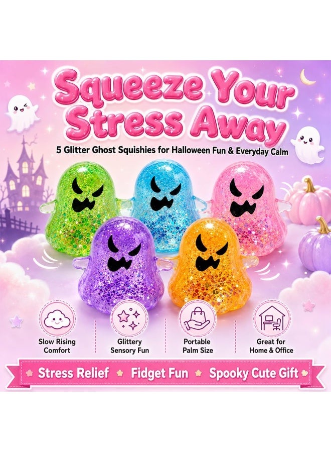 Ghost Squishy Glitter Halloween Spooky Ghost Squeeze Stress Ball | Translucent TPR composite with flowing glitter slow rebound tear resistant shell for desk decor(5PCS A) - Image 2