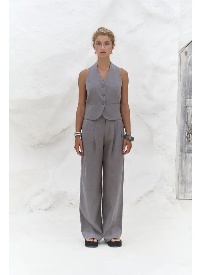 بوهيماي Dena Back V-Neck Anthracite Linen Vest and Trousers Set.