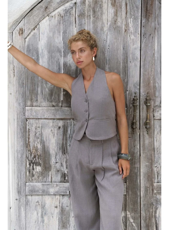 بوهيماي Dena Back V-Neck Anthracite Linen Vest and Trousers Set.