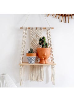 TMS tms Macramé Wall Hanging Shelf Pine Wood Floating Shelve with Wooden Dowel Modern Chic Woven Décor for Dorm Living Room Nursery Off-White (10X5X20 inch) (TMS-WS-113)  - Image 1