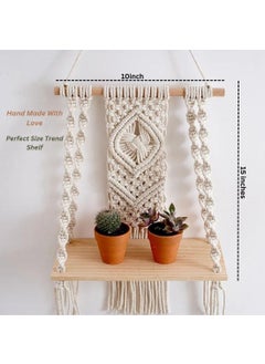 TMS tms Macramé Wall Hanging Shelf Pine Wood Floating Shelve with Wooden Dowel Modern Chic Woven Décor for Dorm Living Room Nursery Off-White (10X5X20 inch) (TMS-WS-113)  - Image 2