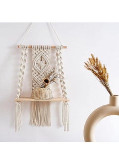 TMS tms Macramé Wall Hanging Shelf Pine Wood Floating Shelve with Wooden Dowel Modern Chic Woven Décor for Dorm Living Room Nursery Off-White (10X5X20 inch) (TMS-WS-113)  - Image 3