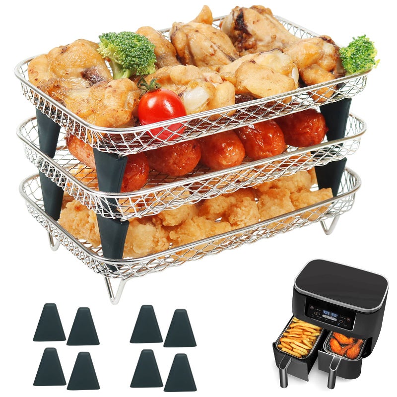BYKITCHEN Air Fryer Rack for Ninja Dual Basket 3 Layers 304 Stainless Steel Stacking Bacon Racks Air Fryer Accessories for Ninja AF300UK SalterInstantEMtronics Double Drawer Fryers