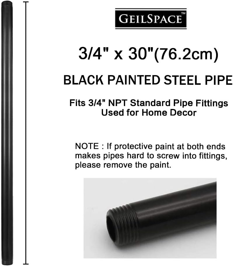 GeilSpace 6 Pack 3/4" × 30" Pre-Cut Black Metal Pipe, Industrial Steel Fits Standard Three Quarters Inch Black Threaded Pipes and Fittings - Vintage DIY Industrial Shelving (3/4" × 30") - Image 2