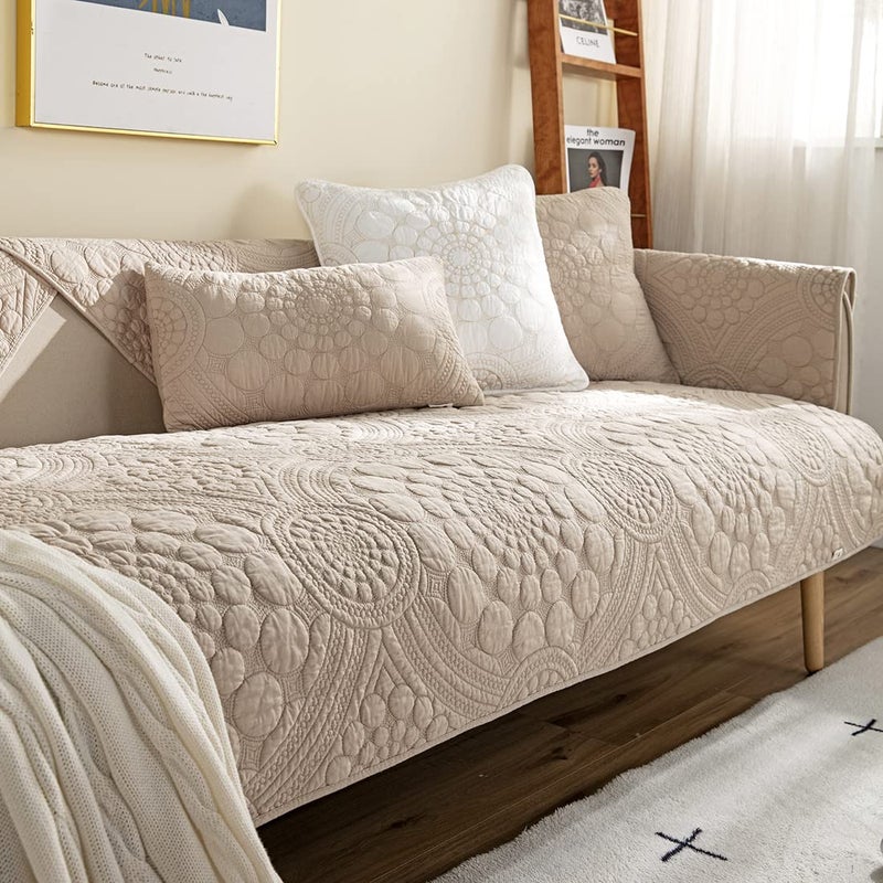 vctops Boho Circle Embroidery Couch Sofa Cover Solid Color Cotton Quilted NonSlip Sectional Couch Covers Sofa Slipcover for Dogs Children Pets Furniture Protector Khaki28x28