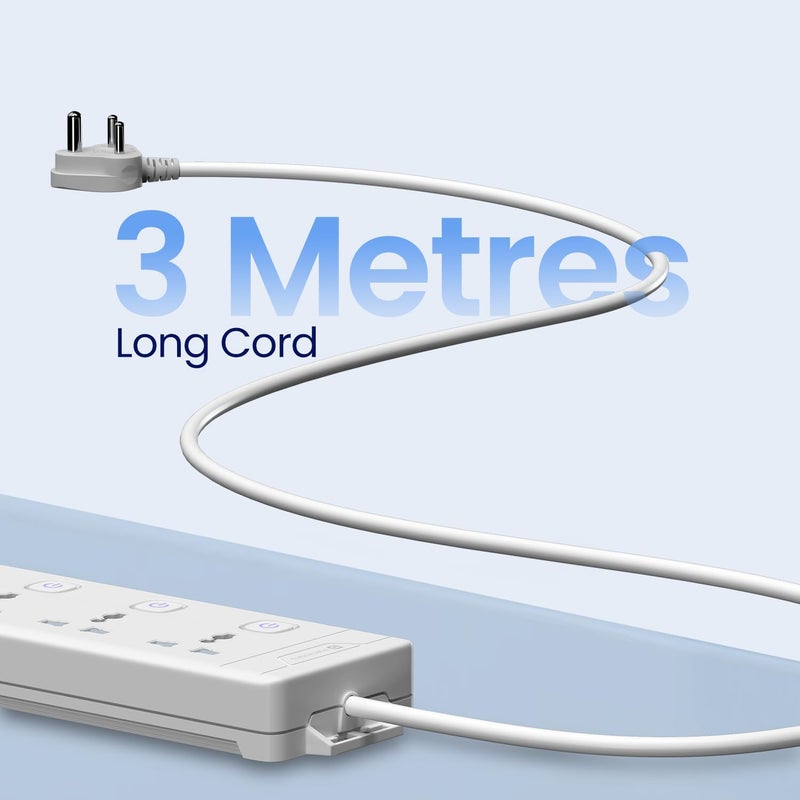 Portronics Power Plate 18 Extension Board with 3 Universal Power Sockets, 1500 Watts, 3 Meter Long Heavy-Duty Cord, USB-A & USB-C Ports for Charging(White) - Image 5
