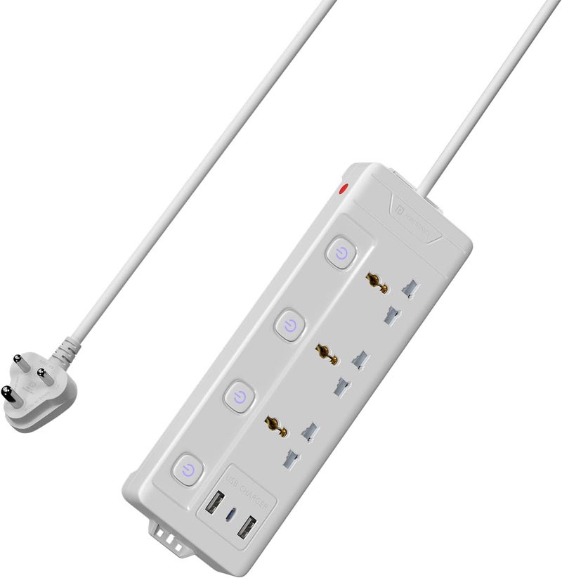 Portronics Power Plate 18 Extension Board with 3 Universal Power Sockets, 1500 Watts, 3 Meter Long Heavy-Duty Cord, USB-A & USB-C Ports for Charging(White) - Image 1