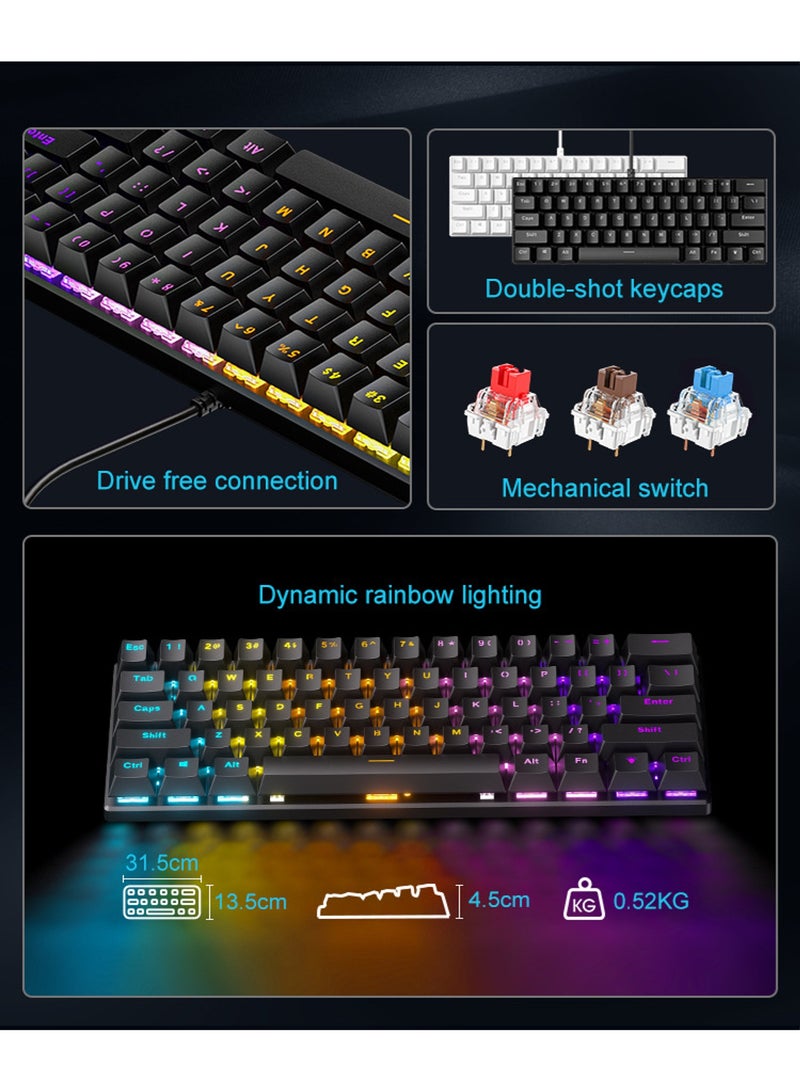 61-Key Mechanical Keyboard - Red Switch - Wired Keyboard - RGB Lighting Effect - Gaming Keyboard - Office Keyboard - Computer Keyboard - Supports Windows and Mac